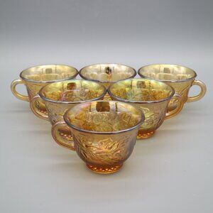 Vintage Indiana Glass Marigold Iridescent Carnival Glass Punch Bowl Cups Set 6